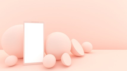Obraz premium Smartphone 3d illustration. Online entertainment. Network. Social media. Abstract shapes. 3d rendering. Place for text. Trendy pastel color. Pastel beige.