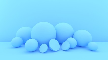 3d bubbles background. Balls. Spheres. Abstract wallpaper. Geometric objects. Trendy modern illustration. 3d rendering. Minimal style. Pastel blue.