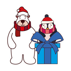 polar bear and penguin with gift box on white background