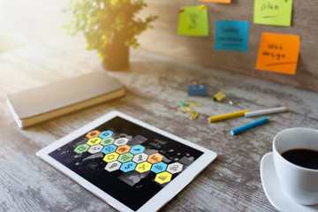 Application and diagrams on device screen. Business control panel and apps development concept.