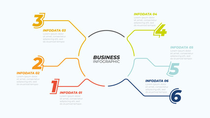 Business infographic chart design with thin lines and 6 options, steps. Vector illustration. Can be used for info chart, workflow diagram, graph, web, presentations.