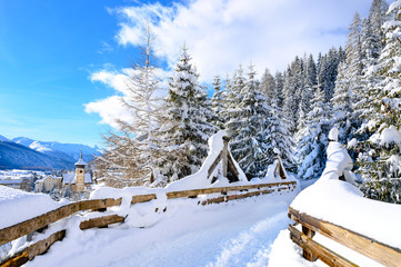 Landscape of  panoramic hiking trail above winter resort Davos, Switzerland.