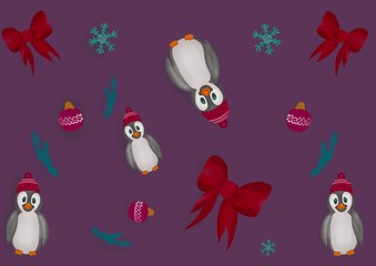 set of Christmas decoration with penguins and symbols, icons elements