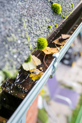 Rainwater gutter cleaning concept. Clogged rainwater drainage system on private domestic home house roof outdoors in autumn. Autumn chores concept.