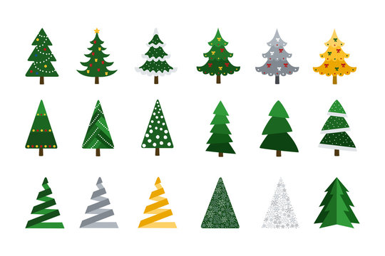 Christmas. Set of Christmas trees with festive decoration. Cartoon flat style. Vector illustration