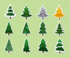Christmas tree. Set of Christmas tree stickers with festive decor. Cartoon flat style. Vector illustration