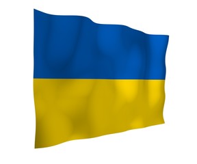 The flag of Ukraine on a white background. National flag and state ensign. Blue and yellow bicolour. 3D illustration waving flag