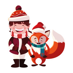 boy and fox with hat of winter in white background