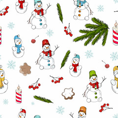 seamless background festive set of vector isolated elements for new year and Christmas decoration . Snowmen, snowflakes, Christmas tree branches 
