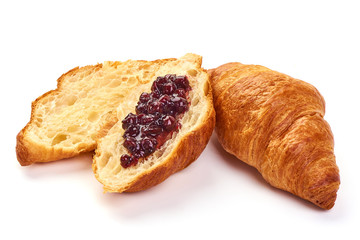 Freshly baked croissants with jam, isolated on white background