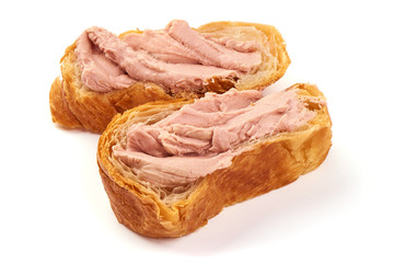 Freshly baked croissants with chicken liver pate, isolated on white background