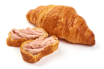 Traditional croissants with chicken liver pate, isolated on white background