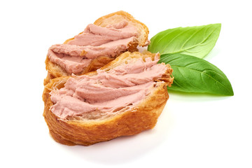 Freshly baked croissants with chicken liver pate, isolated on white background