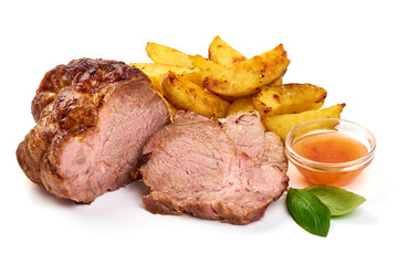 Baked Pork roast, roasted spicy meat with potato wedges, isolated on white background
