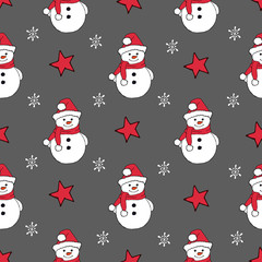 Christmas seamless pattern with snowman, fir trees and snowflakes. Perfect for wallpaper, wrapping paper, pattern fills, winter greetings, web page background