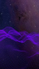 Abstract ultraviolet landscape on a dark background. Purple cyberspace grid. hi tech network. Outer space. Violet starry outer space texture. 3D illustration