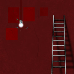 Ladder leans to red wall. Butterflies around light bulb. Time wise