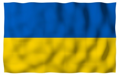 The flag of Ukraine on a white background. National flag and state ensign. Blue and yellow bicolour. 3D illustration waving flag