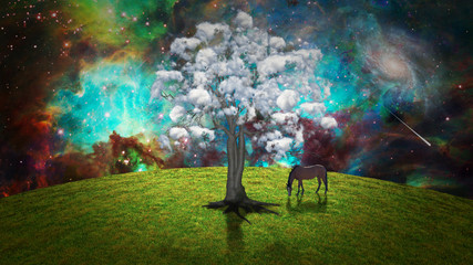 Peaceful Landscape. Horse grazes near clouds tree