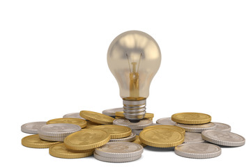 Obraz na płótnie Canvas Financial concept light bulb and coins Isolated on white background. 3d illustration