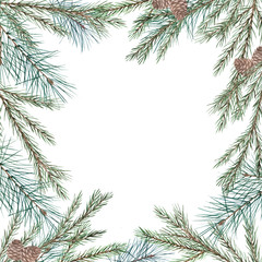 Christmas tree frame with spruce branches on white background. Watercolor winter border. Hand drawn illustration