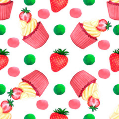 Strawberry muffins seamless watercolor pattern. Tasty breakfast cake print. Celebration and party. Paper flower. Design element. Watercolor illustration. Watercolor dessert collection.