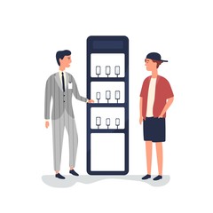 Salesman advertising smartphones flat vector illustration. Customer choosing mobile phone at promotional stand. Promoter consulting client. Electronics store sales manager isolated cartoon character.