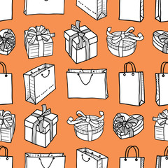 Seamless pattern of drawn shopping bags and gift boxes