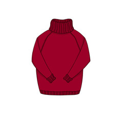 Cozy knitted  cartoon red sweater. Warm clothes: pullover or jumper for cold winter and autumn weather. Object isolated on white background. Element for design.