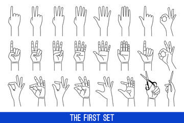 Woman hands gestures outline icons. Ladies hands linear vector icons set