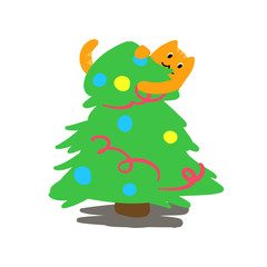 New Year picture postcard with red cat, green tree with colored balls.