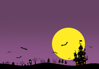 Halloween background material. Castle, bats and grave.  ハロウィンの背景素材