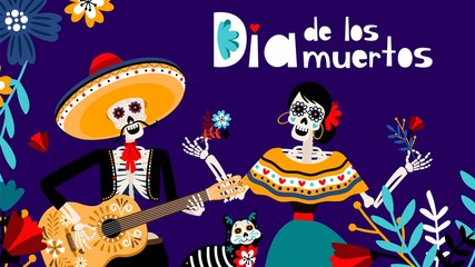 Day of the dead in spanish, traditional mexicans festival color background with skeletons and cat vector illustration. Dia de los muertos backdrop