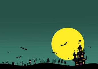 Halloween background material. Castle, bats and grave.  ハロウィンの背景素材