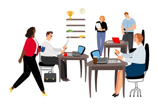 Office life. Men and women working at office. Managers characters. International business team, vector illustration