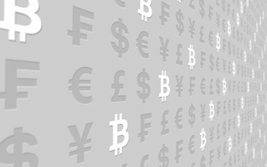 Bitcoin and currency on a gray background. Digital crypto currency symbol. Business concept. Market Display. 3D illustration