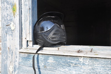 Paintball equipment. Safety helmet complete with face mask, ready to wear in battle. I