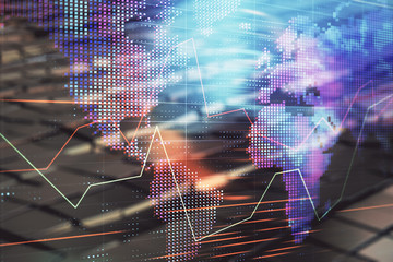 Financial chart hologram with globe and abstract background. Double exposure. Concept of market analysis