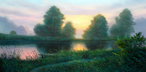 Foggy morning on a river. Oil painting landscape.