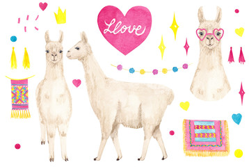 Llama or alpaca in love in a heart-shaped glasses and pink hearts. Valentine's Day set. Watercolor hand drawn elements isolated on white background. Perfect for wedding,baby shower,  birthday. © Lelakordrawings