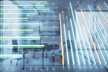 Obraz premium Business theme graph hologram with minimalistic cabinet interior background. Double exposure. Stock market concept.