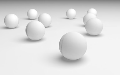 White abstract background. Set of white balls isolated on white backdrop. 3D illustration