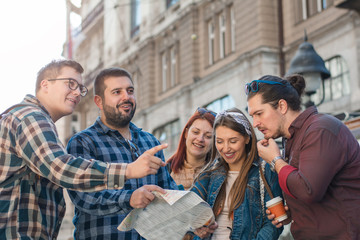 Group of young backpackers in the City