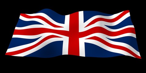 Waving flag of the Great Britain on dark background. British flag. United Kingdom of Great Britain and Northern Ireland. State symbol of the UK. 3D illustration