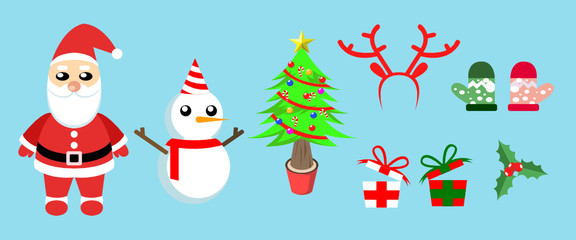 Christmas symbol collection set holiday, cartoon flat style design on blue background.