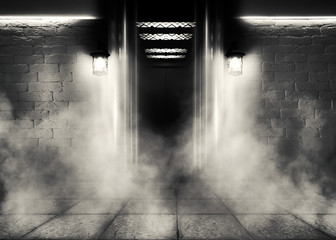 background of empty brick wall, neon light, smoke, concrete floor. Open elevator doors