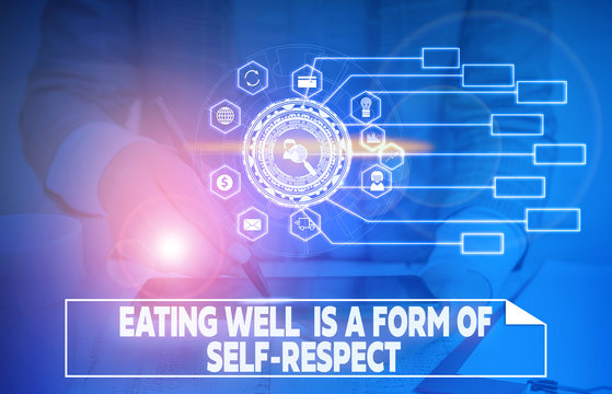 Word writing text Eating Well Is A Form Of Self Respect. Business photo showcasing a quote of promoting healthy lifestyle Picture photo system network scheme modern technology smart device