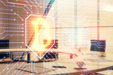 Blockchain theme hologram on conference room background. Double exposure. Concept of cryptocurrency