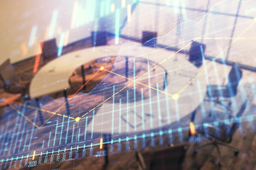 Multi exposure of stock market graph on conference room background. Concept of financial analysis