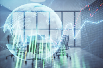 Double exposure of stock market graph with globe hologram on conference room background. Concept of international finance